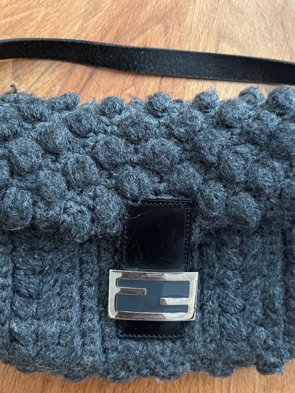 Fendi Vintage Mama Baguette Gray Wool Crochet Knit FF Logo Shoulder Bag Y2K